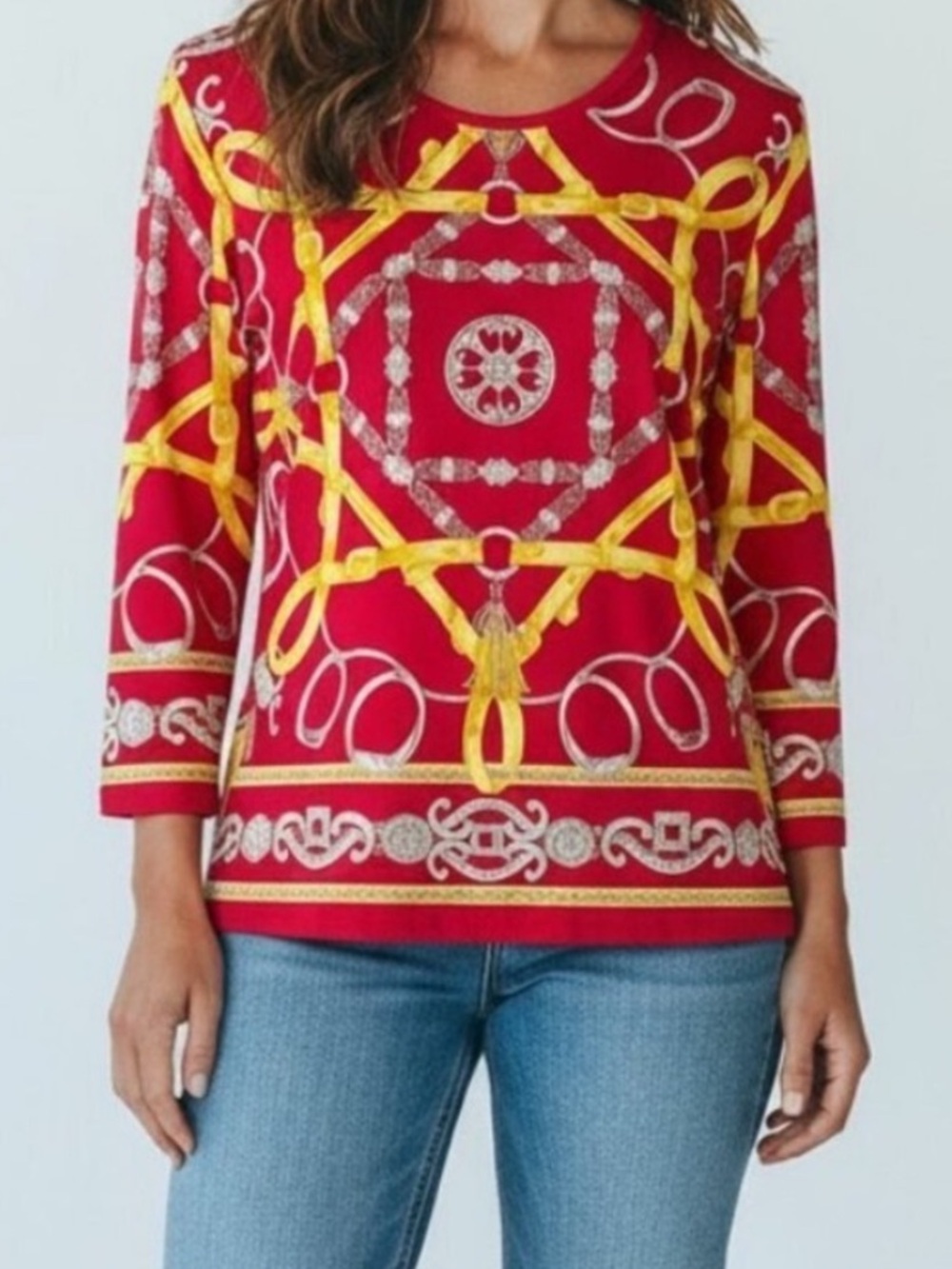 J. McLaughlin Red Gold Tassel Herald Link 3/4 Sleeve Equestrian Catalina Cloth